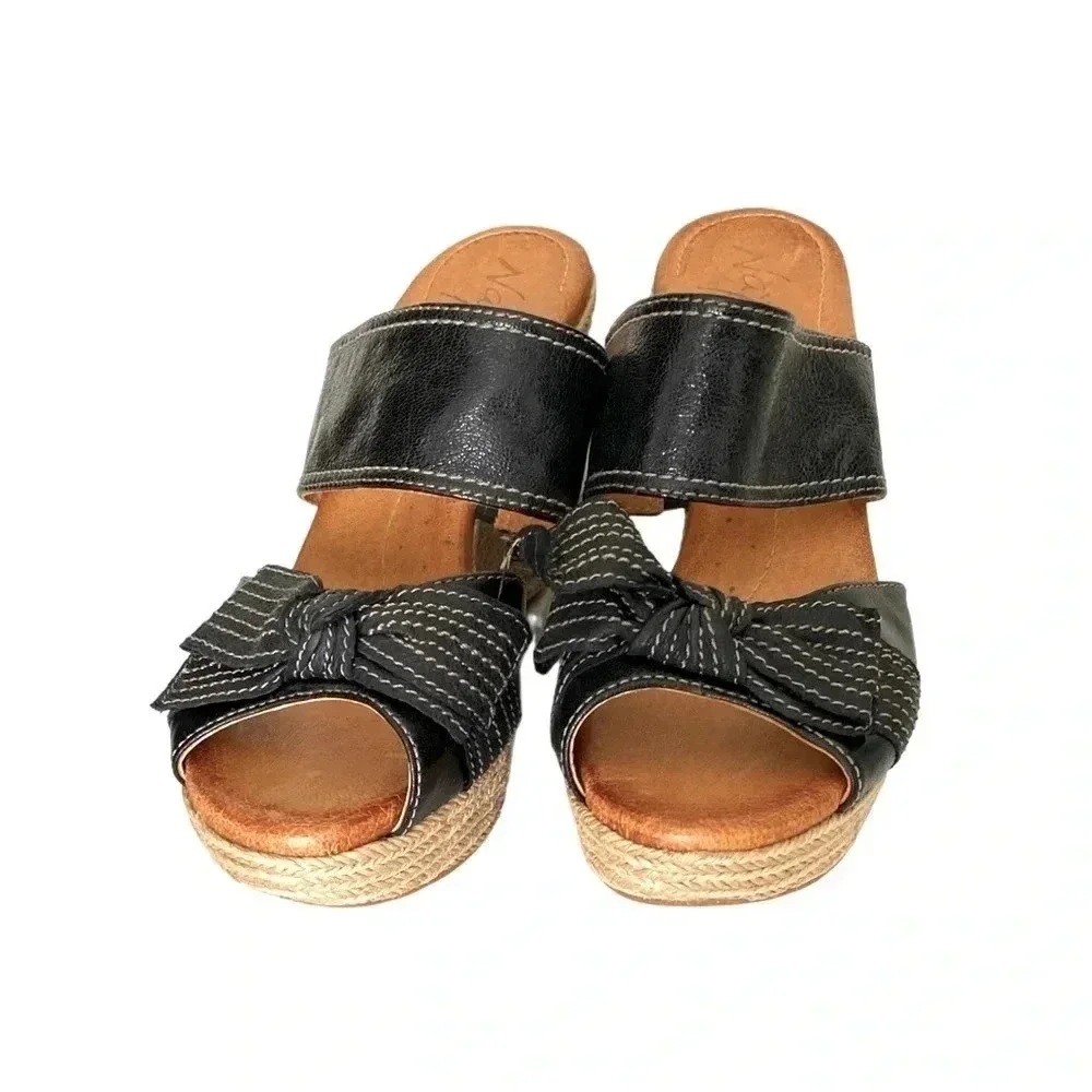 NAYA COLETTE |Chunky Strap Platform Bow Espadrille Black Leather Wedge Size 9.5W